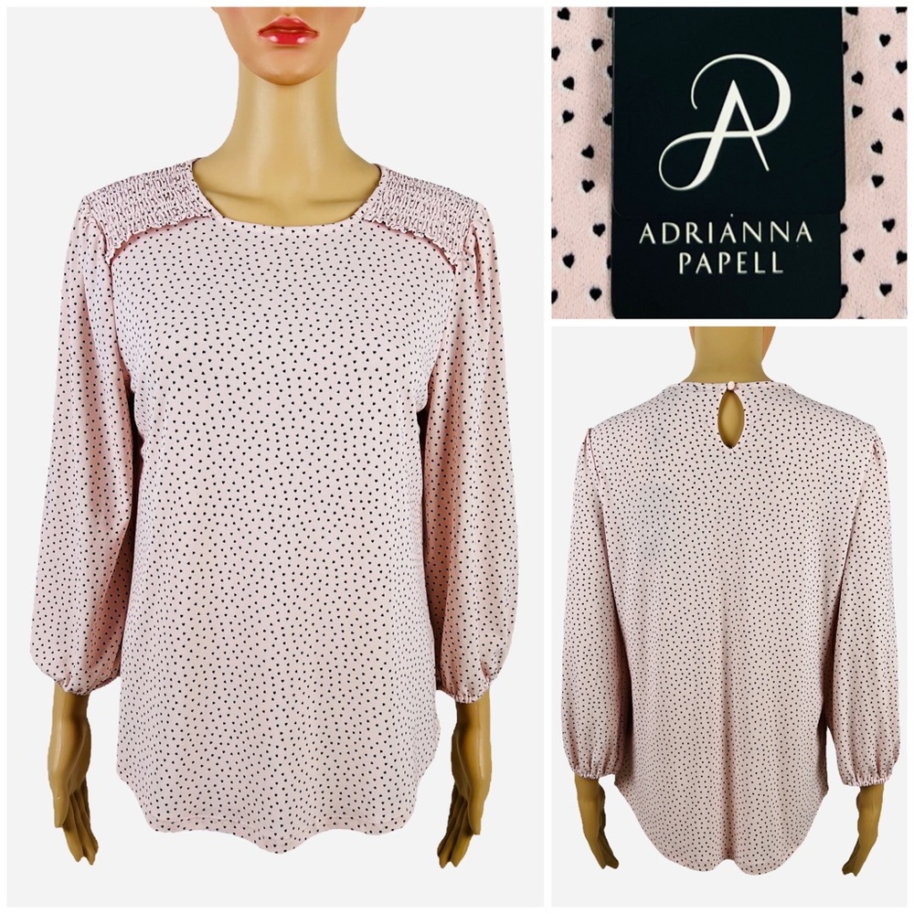 Adrianna Papell Womens Small Top Printed Smocked Shoulder Pink Hearts NWT $69